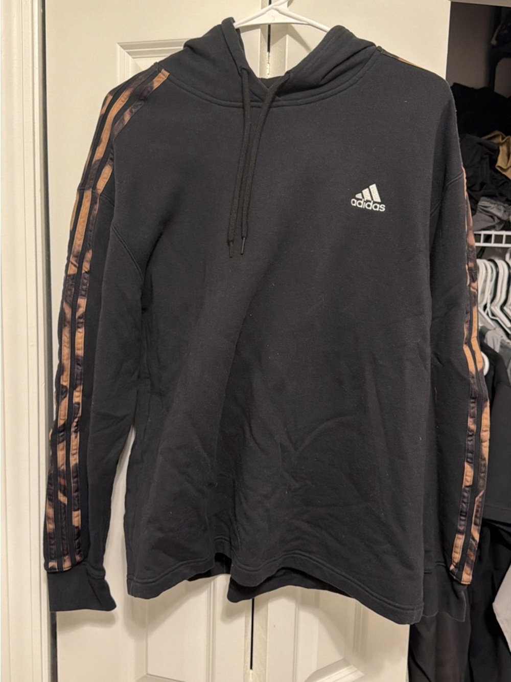 adidas Black Hoodie with Brown Stripe-Patterned Sleeves